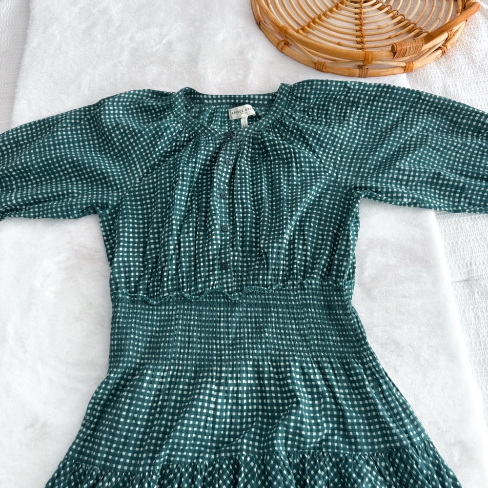 Apiece Apart La Ventura Maxi Dress Green Smocked Long Sleeves Mini Gingham - Picture 7 of 11